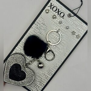XOXO Bag Charm Keychain & 3 Pair Earrings Rhinestone Heart PomPom Black & Silver